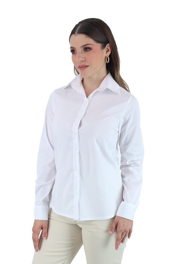 Blusas Manga Larga Estilo Camisero Color Blanco Para Dama